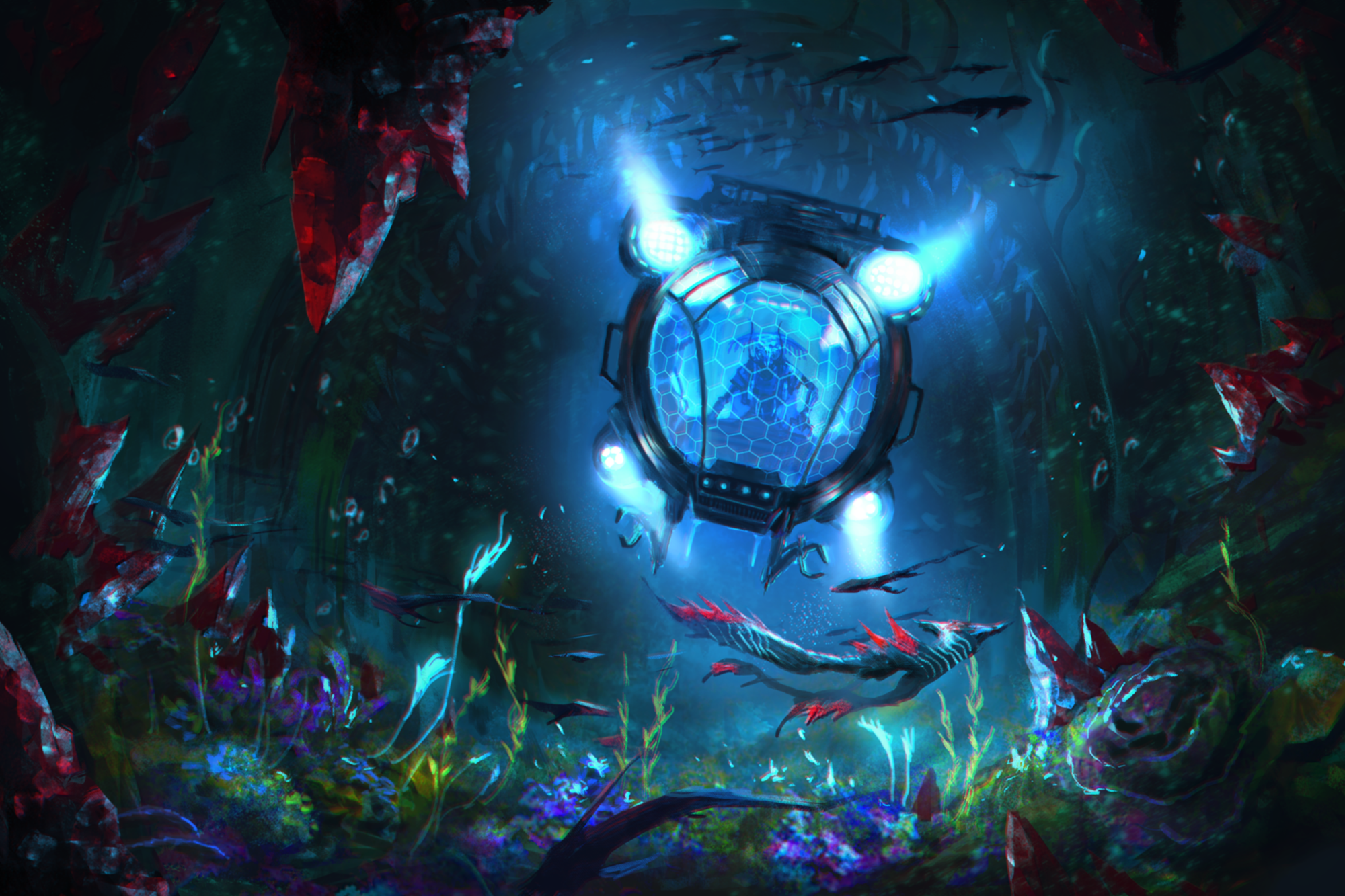 The iconic shirren mystic is underwater in a submersible, examining a small alien fish, while a giant creature with a gaping maw looms behind him