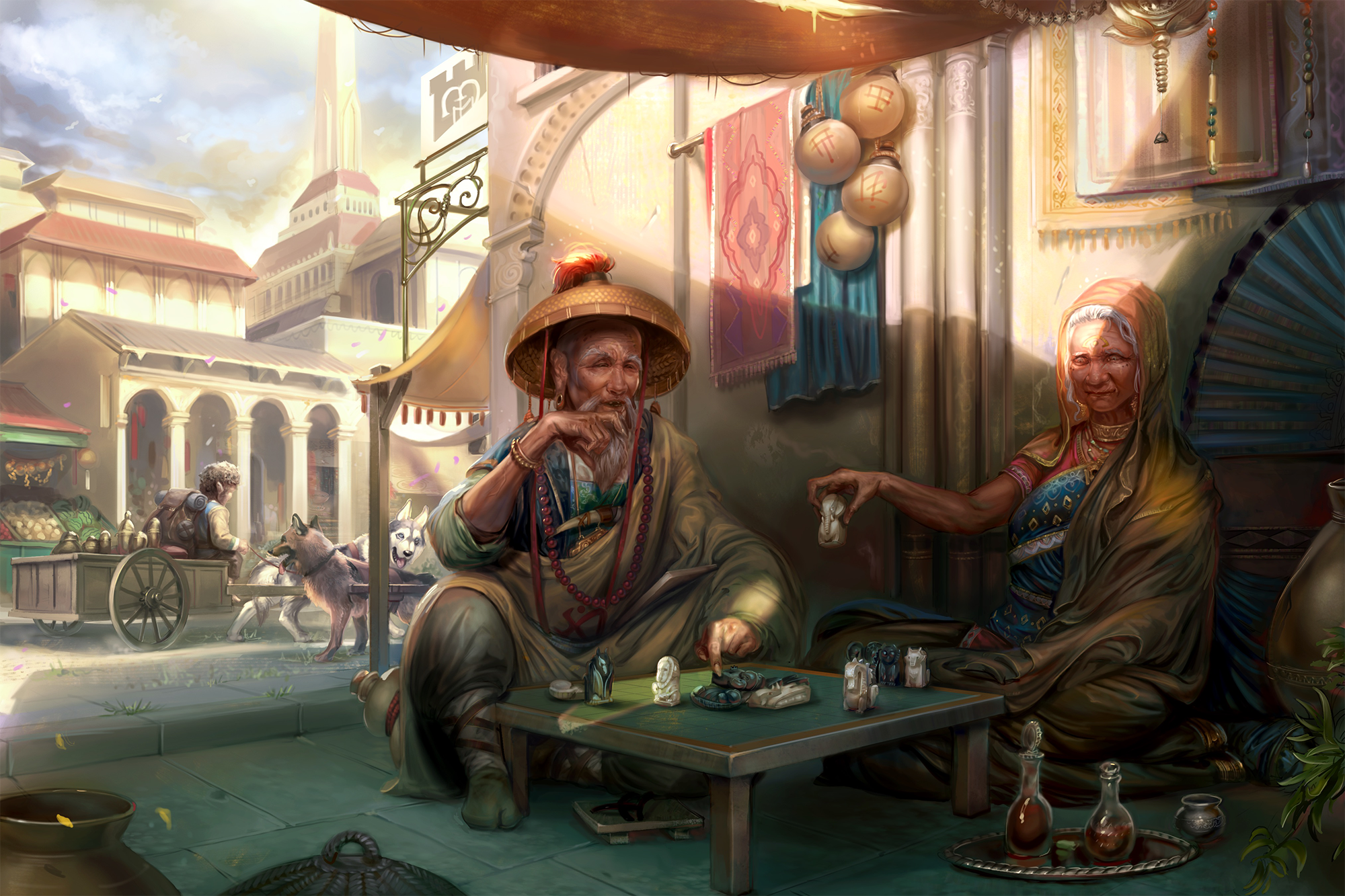 Illustration by Mirco Paganessi: Under an awning on a busy urban street, an elderly man and woman sit across from one another at a game board covered in intricate tiles