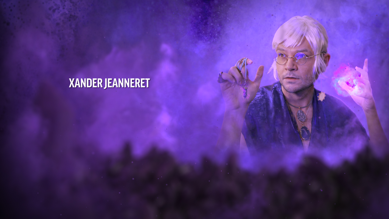 Xander Jeanneret, a white haired man in dark robes holds a crystal in one hands and summons magic in the other in a dark purple smokey atmosphere