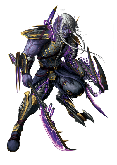 Illustration by José Luis Islas López : Kebzec. A muscular male drow with long white hair, purple skin, and numerous cybernetic augmentations grins maniacally, eager for battle.
