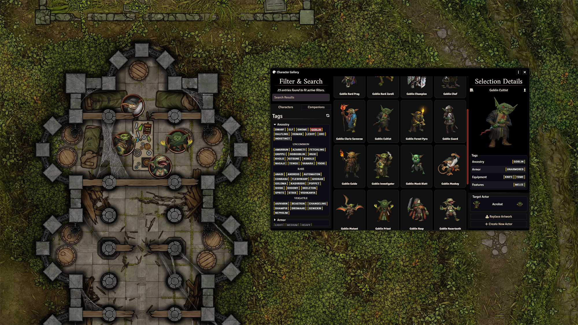 A screenshot taken within Foundry VTT. In the background, a group of goblins camp within the remains of an overgrown church. In the foreground, the Character Gallery application is open, with a filter set to show any piece of art tagged with the “Goblin” ancestry.