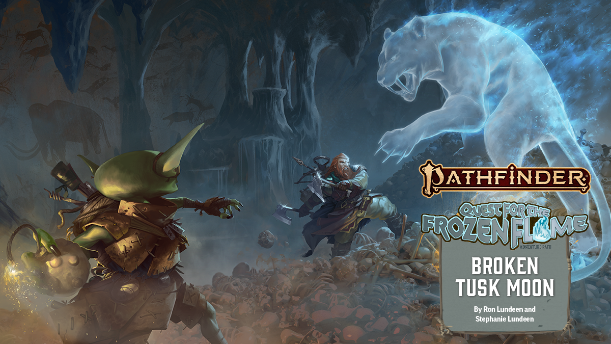 Pathfinder Quest for the Frozen Flame Adventure Path: Broken Tusk Moon. Fumbus and Harsk battle a glowing saber tooth cat