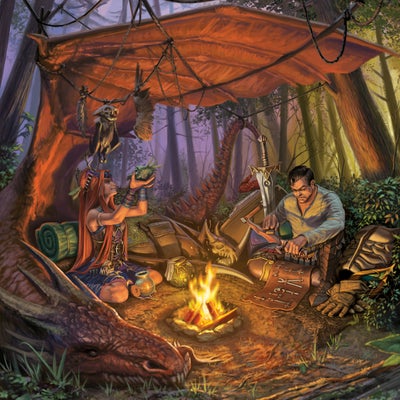 Adventurers sitting with a dragon around a small campfire, working on their crafts