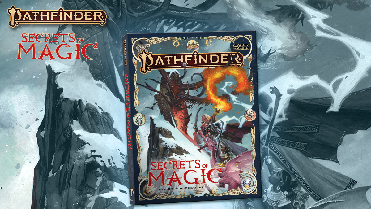 Pathfinder Secrets of Magic. Iconic summoner; a dark-skinned human girl, wearing mage’s robes runs next to her eidolon, a pink dragon several feet taller than her, and magus; a pale male half-elf with white hair, wearing ornate robes, wielding a sword in one hand and summoning magic in the other, are running towards a portal opening in a stone gate.