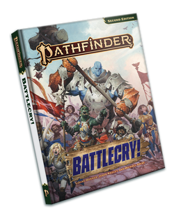 Pathfinder Second Edition Battlecry! A diverse army dressed in silver and gold plate armor runs forward with an orc leading the charge