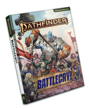Pathfinder Second Edition Battlecry! A diverse army dressed in silver and gold plate armor runs forward with an orc leading the charge