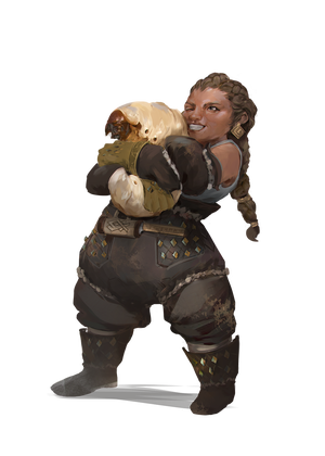 Grindlegrub Rancher, Art by Sandra Posada : A dwarven woman with light skin is holding onto a grindlegrub, an enormous grub. She looks excited, the way someone does when holding a beloved pet.