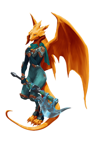 Artist Przemyslaw Golab. A yellow bi-pedal dragon in a teal jumpsuit holding a large axe