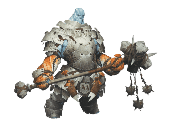 Art by Wayne Reynolds. Grimmyr, the iconic guardian; a jotunborn with blue skin, and a large stature, dressed in layered plate armor, carrying a a mace made of multiple war hammers tied together