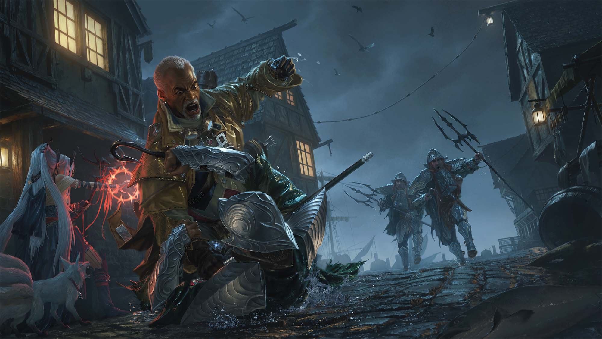 Pathfinder iconics Quinn and Feiya fight against armored warriors armed with tritons on a dark street.