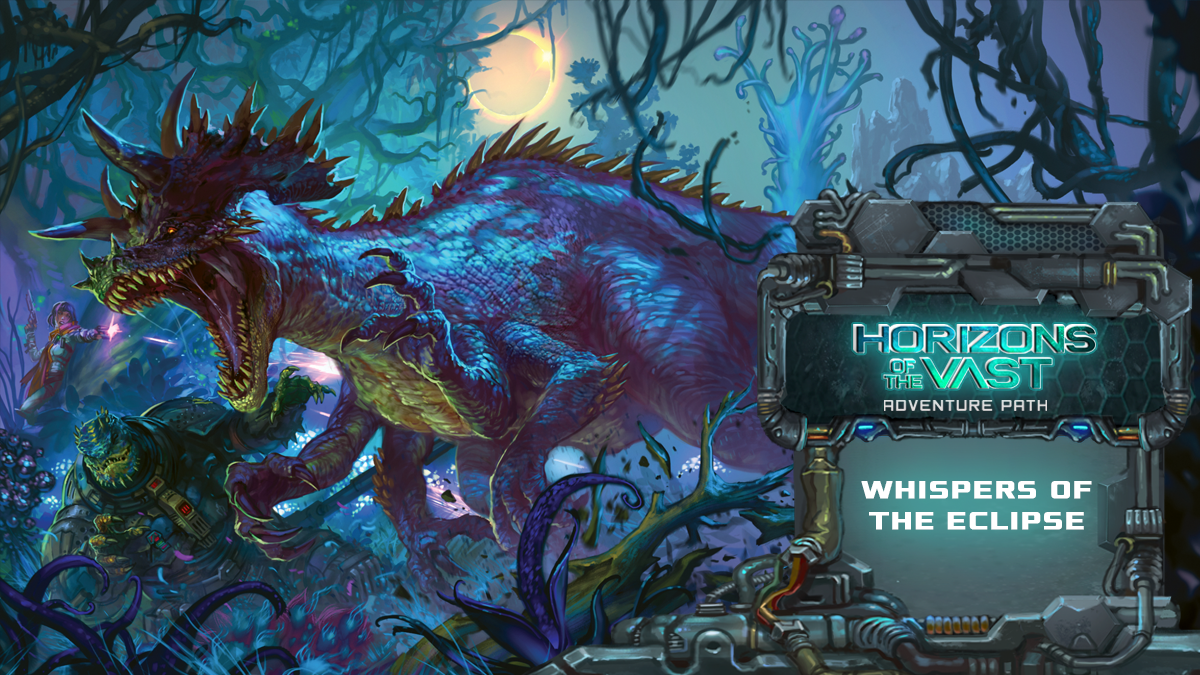 Horizons of the Vast: Whispers of the Eclipse. Starfinder iconics flee from a large multi-armed alien dinosaur through a forest at night