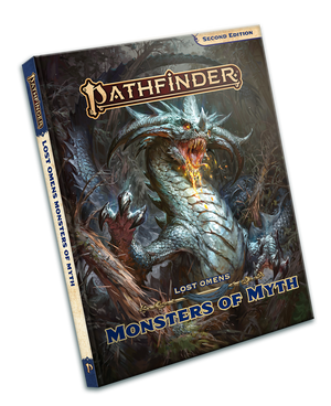 Pathfinder Lost Omens Monsters of Myth: a giant dragon rampages through a dark forest
