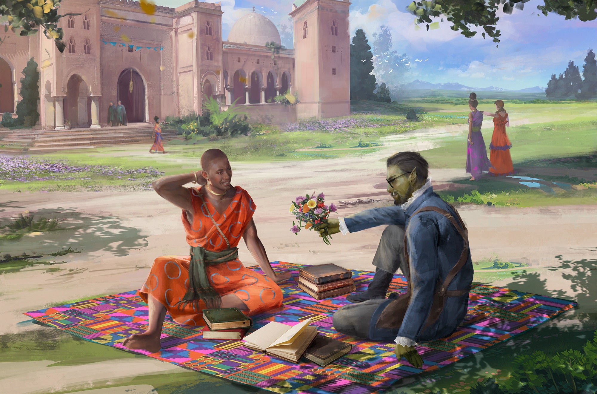 Convocation Conversation by Sandra Posada: A dark skinned human and a half-orc sit on a colorful blanket surrounded by books. The half-orc is offering the human a small bouquet of flower.