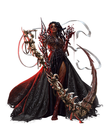 Art by Tatiana Pavlova: Deific vessel dressed in all black, wielding a large serrated sythe made of bones 