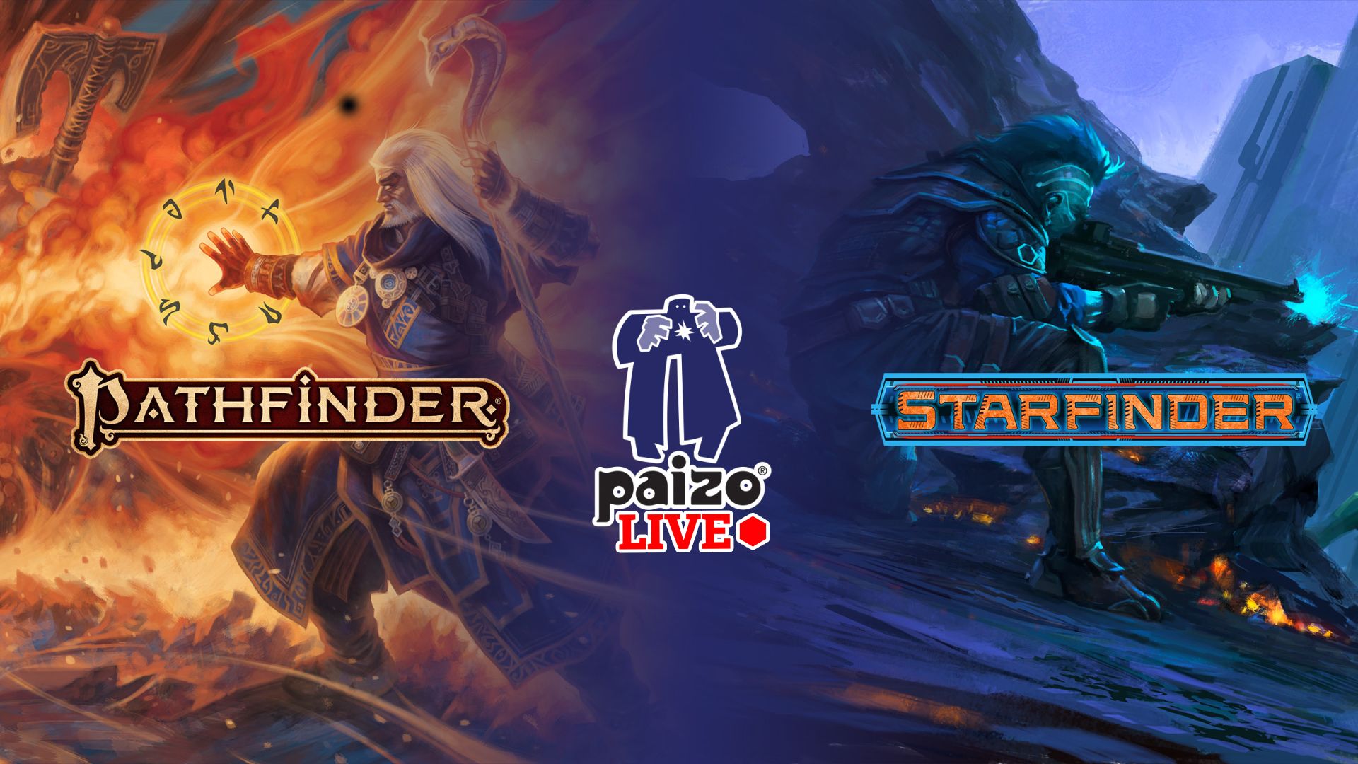 A meshed image of Pathfinder Iconic Ezren the wizard and Starfinder Iseph the operator battling back to back with the Pathfinder, Paizo, and Starfinder logos over the top