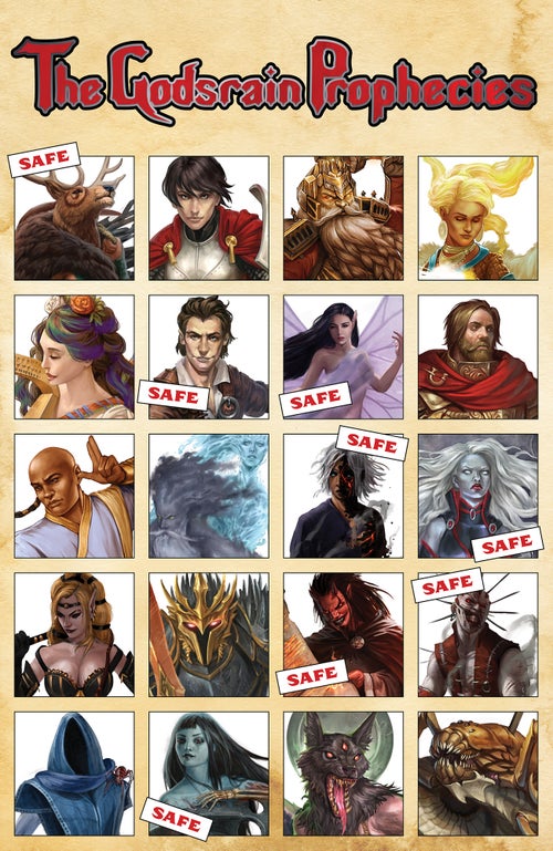 An array of 20 portraits depicting the gods of the Pathfinder setting. Asmodeus, Cayden Cailean, Desna, Erastil, Nethys, Pharasma, Urgathoa, and Zon-Kuthon’s portraits have been marked “safe.”