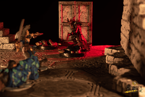 Miniatures of the adventurers surrounded a devil in a dungeon
