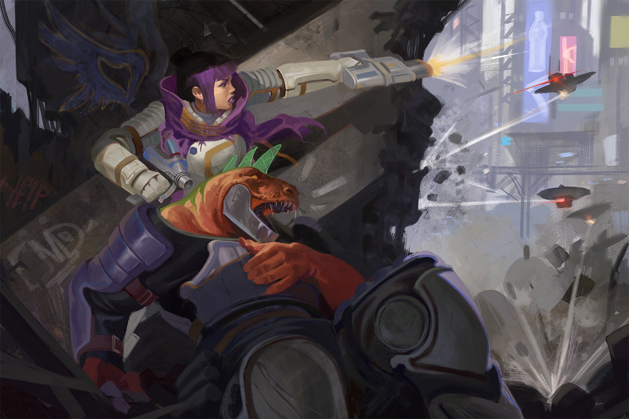 Art by Emanuel Pantaleon: Navasi the iconic envoy ducks behind cover in a desperate street battle against hovering drones. She’s firing a pistol with one hand while administering medicine to her injured vesk ally.