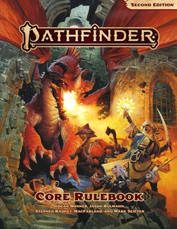 Pathfinder Second Edition Core Rulebook, featuring an image of the Iconics battling a red dragon breathing fire through a crumbling stone wall, on a red background