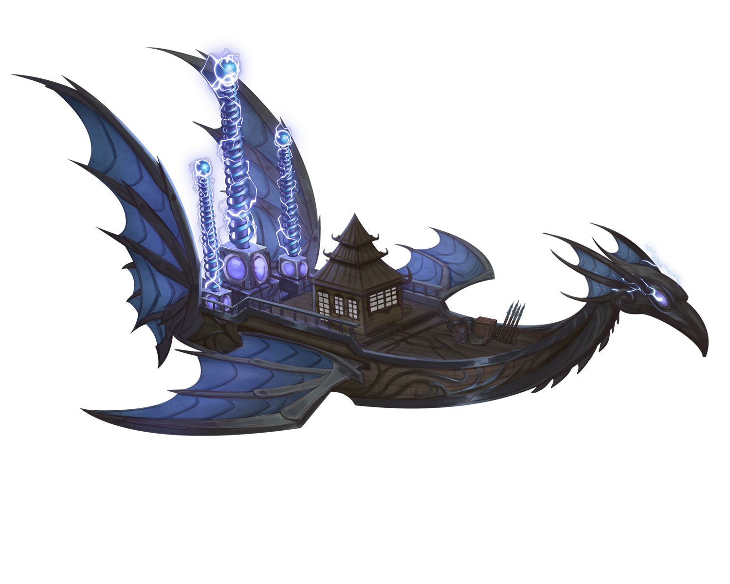 Gale’s Claw by Beto Lima: A flying skyship with two large sails and a centaur design on the rear fin”