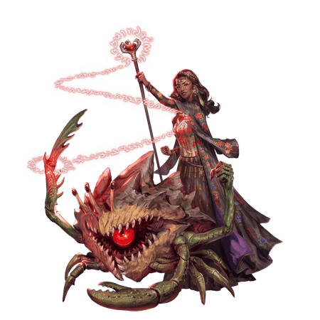 Art by Mirco Paganessi: Messida Vost, a dark skinned woman dressed in dark floral robes using magic to command a large crustacean 