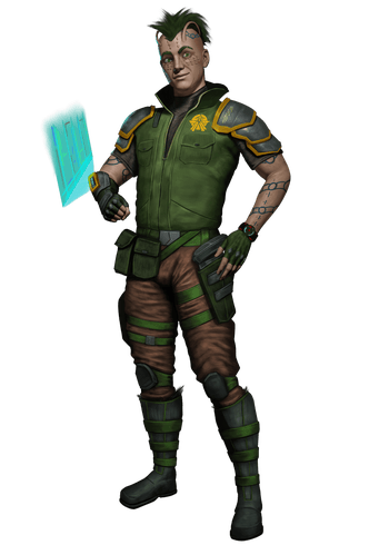 artist Rodrigo Gallo : A friendly lashunta man with tattoos on his forearm and along the side of his head grins at the viewer while using a holographic device. He is Venture-Captain Arvin, a leader among the Starfinder Society and mentor to new Starfinder agents.