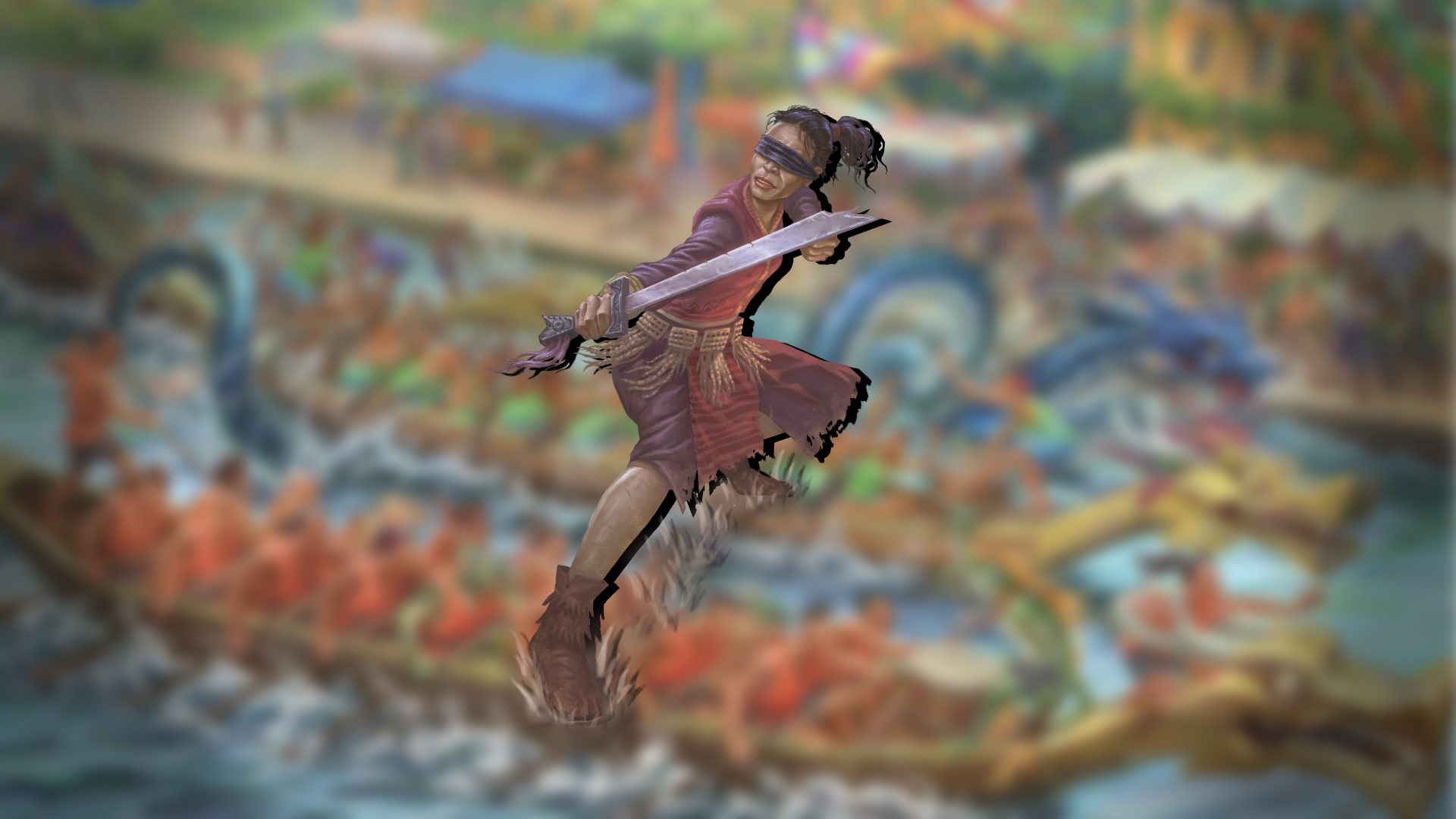 Art of a swordsman wearing a blindfold.