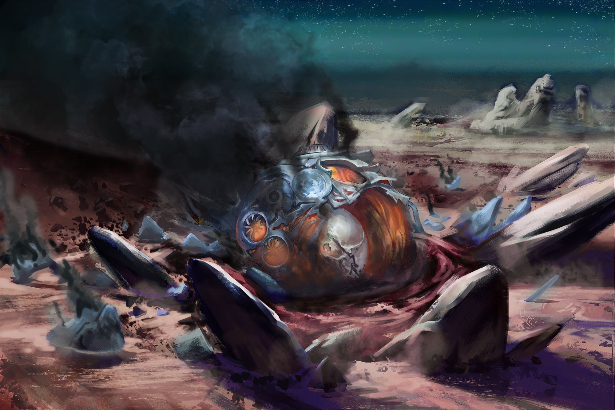 Wreck of the Returned Aerial View, artist Nicholas Phillips: A massive alien starship has crashed into barren badlands, its wreckage still smoldering and smoking amid churned soil and shattered rock.