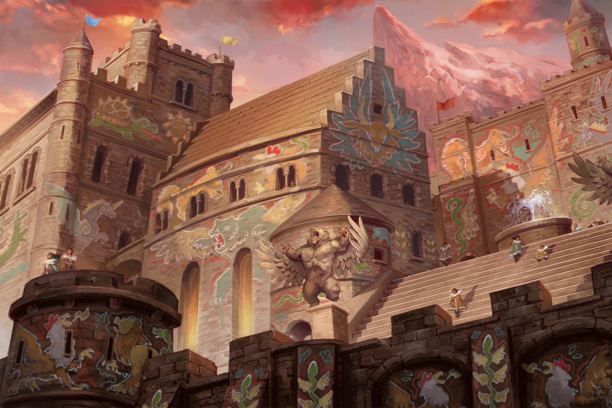 Academy of the Reclamation campus, art by Mirco Paganessi. A stone castle decorated with bright paintings