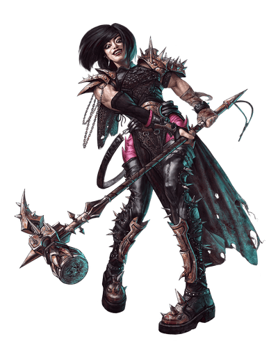 Legbreaker art by Tatiana Pavlova, a pale skinned human dressed in leather armor covered in spikes