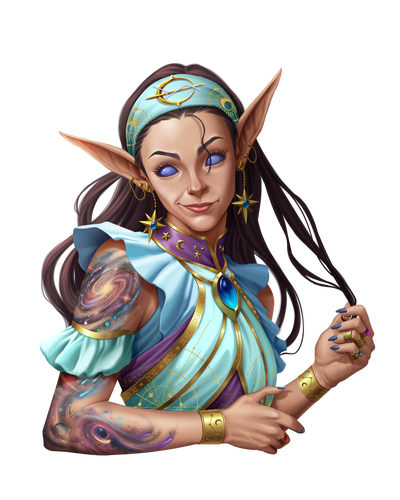Seledir, artist Allan Santos sa Silva; A female elven scholar smirks at the viewer while fiddling with her long brown hair. Her arms are covered in colorful and beautiful tattoos of galaxies, stars, and constellations. She wears sleeveless flowing clothes and a headband marked with the holy symbol of Ibra