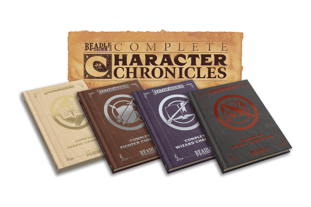 Beadle and Grimm's complete Character Chronicles class book mockups for clerics, fighters, wizards, and rogues