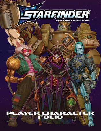 Starfinder Second Edition Player Character Folio: The cover art features four of the starfinder iconics. The catlike pahtra, Dae, the insect-like Shirren, Chk Chk, the grey blue skinned, humanoid android, Iseph, and the large lizard-like vesk, Obozaya.