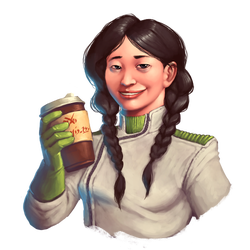 Artist Bruno Cesar: Smiling woman with a cup raised in greeting.