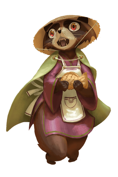 Fumika; a tanuki in a pink dress, green cloak, with a wide straw hat, holding a fish shaped pastry in their paws.