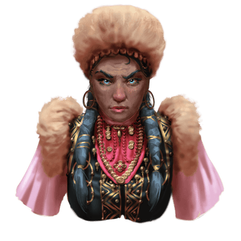 Kishna Meltcaller, artist Sammy Khalid: Kishna Meltcaller is a Black human woman with bright blue eyes wearing elaborately decorated Sarkorian traditional dress