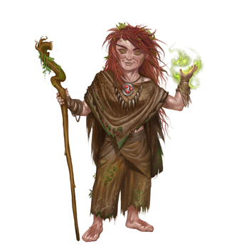 a female Uhlam halfling. She has light skin with freckles and a rosy completion from having spent long days out in the wild. Her hair is reddish/brown, and it runs a bit wild with twigs, leaves, and maybe even a small vine wrapped up inside (some of it looks accidental, but a few bits might be intentionally placed). She’s barefoot, wearing a rough spun tunic and simple breeches that mostly have earth tones with green highlights and leaf patterning. Overall, it looks like she might have rolled around in a bush a bit. Around her neck, she has a wolf-tooth pendant. She holds a gnarled walking staff in one hand, while mystical green runes surround her other hand, as if she’s casting a spell. Finally, she has a mystical symbol on her neck, like three comets trailing each other. This symbol is identical to the one on her wolf companion.