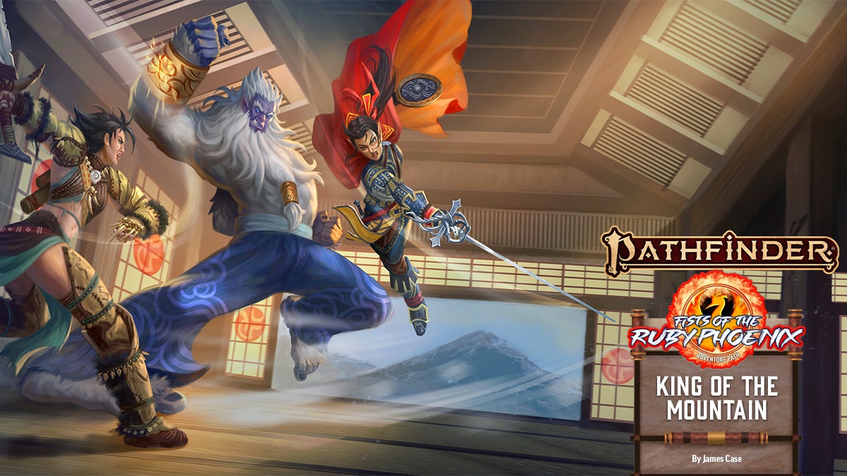 Pathfinder Adventure Path Fists of the Ruby Phoenix: King of the Mountain. Iconics Amiri and Jirelle take on a tall purple skinned, giant, humanoid, with a white beard