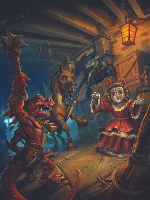 Two kobolds face down runaway toys in a dusty room full of boxes