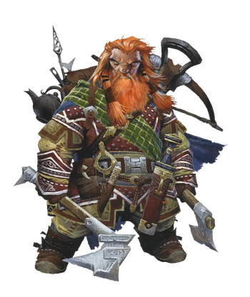 Pathfinder Iconic Ranger,  Harsk. A red headed dwarf holding an axe in each hand 