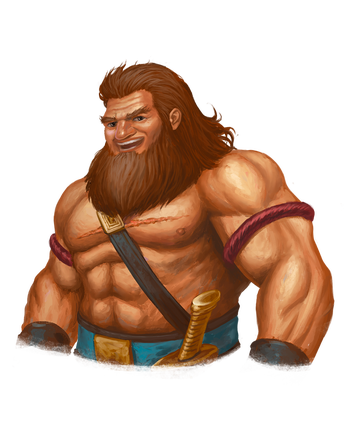 Tragellon Pearlcask (he/him), a shirtless,muscular dwarf crab fisher, with a scar across his chest.