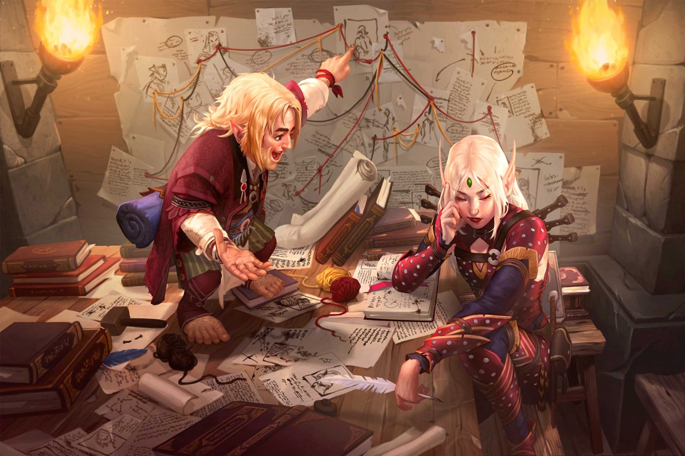 The iconic bard stands on a table pointing at a wall covered in pieces of paper connected by a web of yarn. The iconic rogue is falling asleep listening to the bard talk excitedly