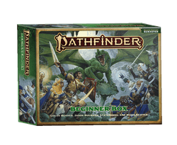 Pathfinder Beginner Box (Remastered Edition): The Box cover art is the Pathfinder Iconics battle a green dragon flying low above their heads.