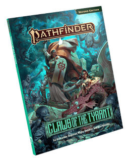 Pathfinder Second Edition Claws of the Tyrant 3D book mockup: Iconic champion, Seelah, a dark skinned woman in full plate armor, and iconic summoner, Ija, a dark skilled young girl in leather armor, battling through hoards of the undead that surround them