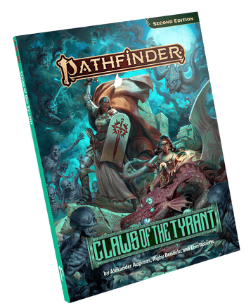 Pathfinder Second Edition Claws of the Tyrant 3D book mockup: Iconic champion, Seelah, a dark skinned woman in full plate armor, and iconic summoner, Ija, a dark skilled young girl in leather armor, battling through hoards of the undead that surround them