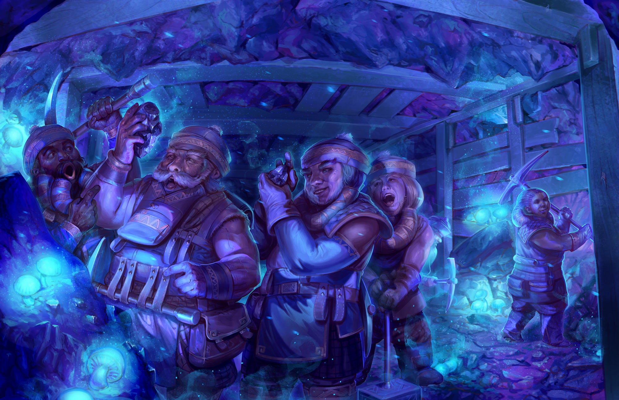 Highhelm chapter 1 Opener, Art by Mirco Paganessi : Several dwarves are mining deep underground. They have just discovered some adamantine ore and the entire crew is excited.