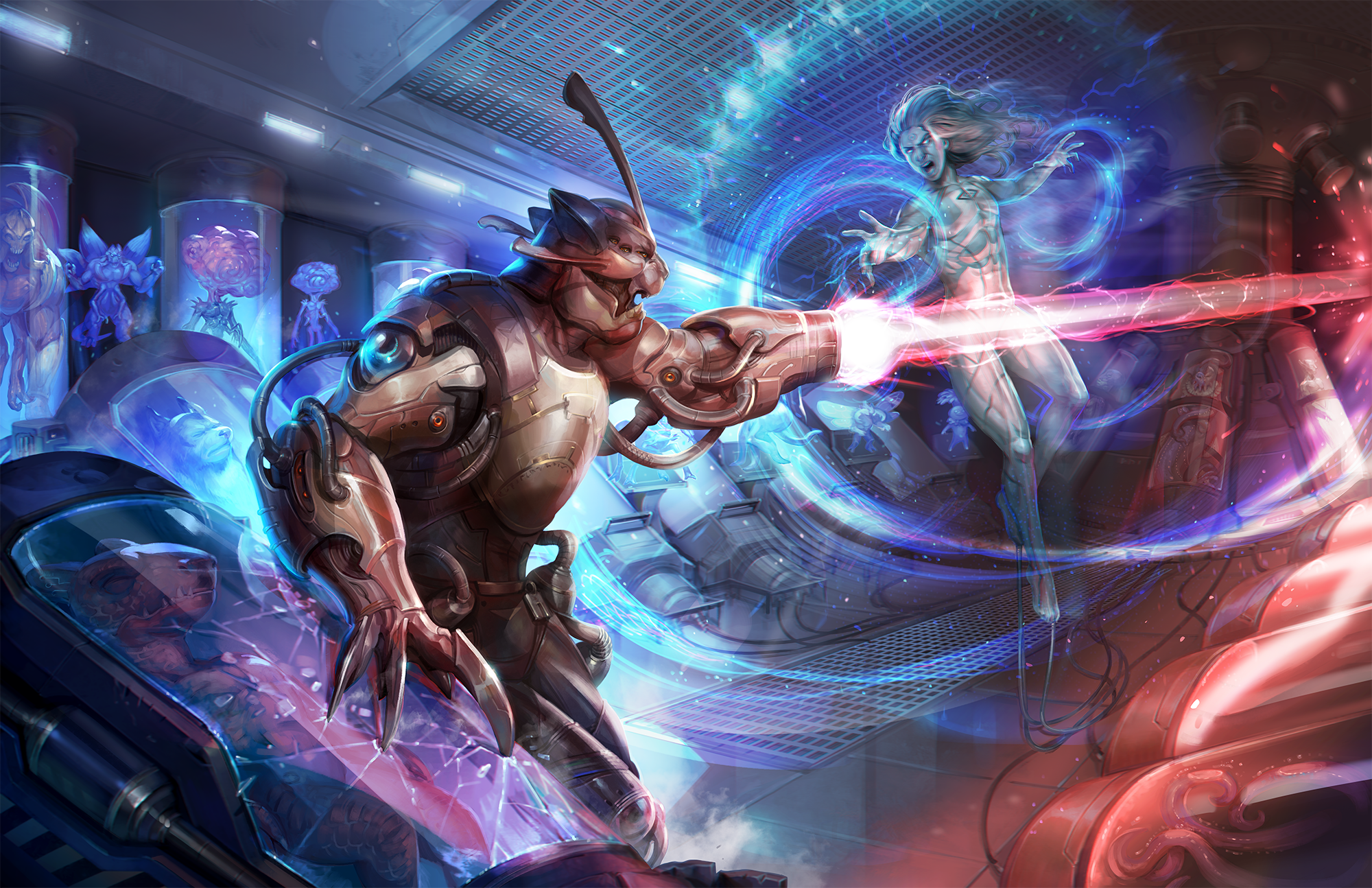 Illustration by Mirco Paganessi: The iconic evolutionist shoots a blast of energy from its arm cannon, aiming at a radiation-infused hesper