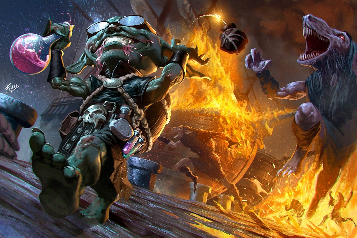 Art by Federico Musetti: Pathfinder iconic Alchemist, Fumbus, delightedly tossing a bomb behind him as he runs from large humanoid rats