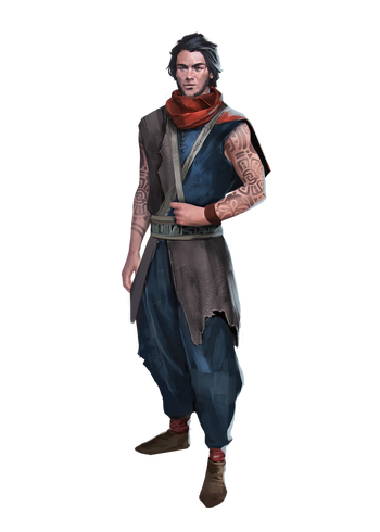 Arhan: a hark haired human, with arms tattoos down their arms