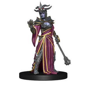 Mini figure of a drow priestress wearing purple and gold robes over her amor, she wears a spiked helmet and holds a mace in one hand